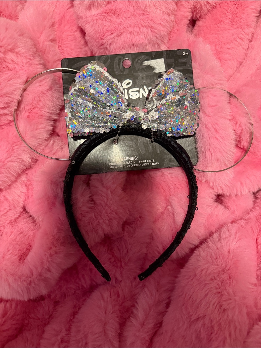 Disney Girls Holographic Sequin Bow Ear Headband in Silver and Black